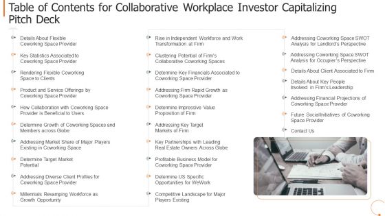 Table Of Contents For Collaborative Workplace Investor Capitalizing Pitch Deck Information PDF