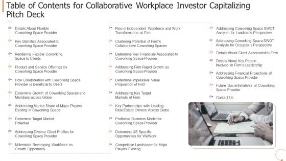 Table Of Contents For Collaborative Workplace Investor Capitalizing Pitch Deck Information PDF Table Of Contents For Collaborative Workplace Investor Capitalizing Pitch Deck Information PDF