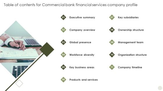 Table Of Contents For Commercial Bank Financial Services Company Profile Graphics PDF Table Of Contents For Commercial Bank Financial Services Company Profile Graphics PDF