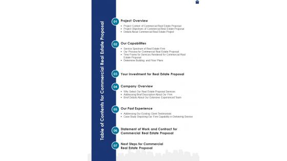 Table Of Contents For Commercial Property Proposal One Pager Sample Example Document Table Of Contents For Commercial Property Proposal One Pager Sample Example Document