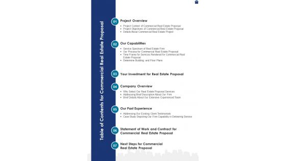 Table Of Contents For Commercial Property Proposal One Pager Sample Example Document