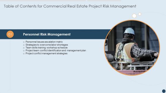 Table Of Contents For Commercial Real Estate Project Risk Management Personnel Summary PDF