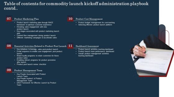 Table Of Contents For Commodity Launch Kickoff Administration Playbook Rules PDF