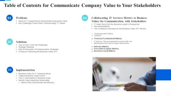 Table Of Contents For Communicate Company Value To Your Stakeholders Infographics PDF Table Of Contents For Communicate Company Value To Your Stakeholders Infographics PDF