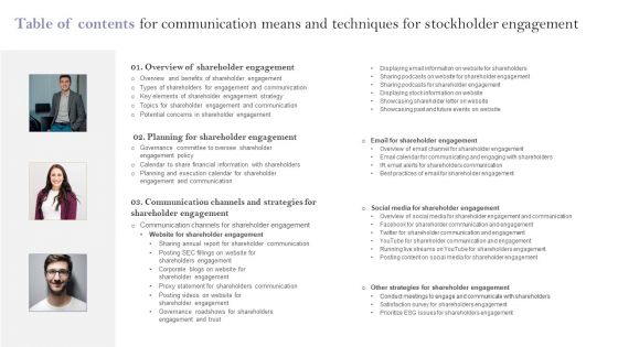 Table Of Contents For Communication Means And Techniques For Stockholder Engagement Mockup PDF