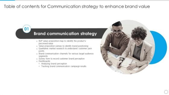 Table Of Contents For Communication Strategy To Enhance Brand Value Slide Portrait PDF