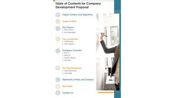 Table Of Contents For Company Development Proposal One Pager Sample Example Document Table Of Contents For Company Development Proposal One Pager Sample Example Document