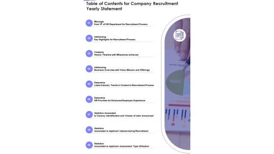 Table Of Contents For Company Recruitment Yearly Statement One Pager Documents