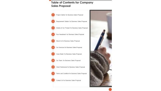 Table Of Contents For Company Sales Proposal One Pager Sample Example Document