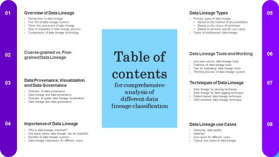 Table Of Contents For Comprehensive Analysis Of Different Data Lineage Classification Elements PDF