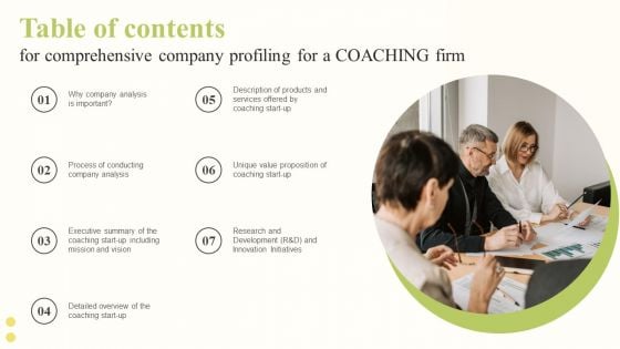 Table Of Contents For Comprehensive Company Profiling For A COACHING Firm Diagrams PDF