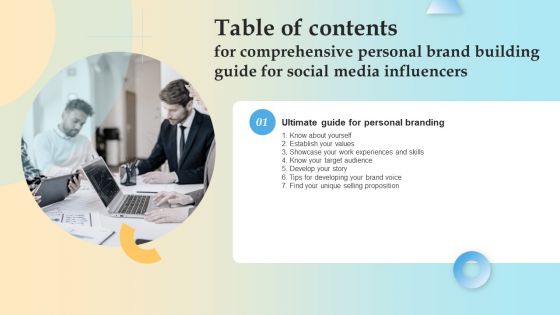 Table Of Contents For Comprehensive Personal Brand Building Guide For Social Media Influencers Slide Brochure PDF