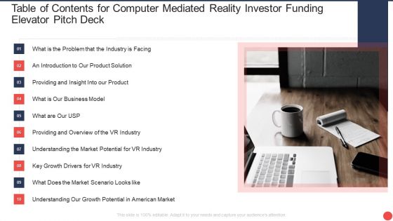 Table Of Contents For Computer Mediated Reality Investor Funding Elevator Pitch Deck Business Download PDF