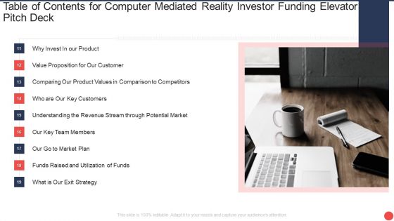 Table Of Contents For Computer Mediated Reality Investor Funding Elevator Pitch Deck Market Diagrams PDF Table Of Contents For Computer Mediated Reality Investor Funding Elevator Pitch Deck Market Diagrams PDF