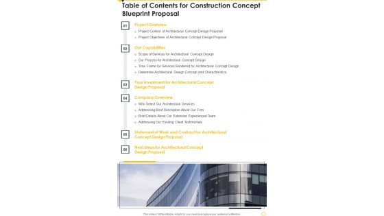 Table Of Contents For Construction Concept Blueprint Proposal One Pager Sample Example Document