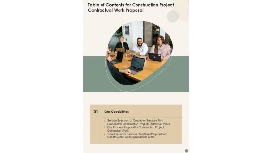 Table Of Contents For Construction Project Contractual Work Proposal One Pager Sample Example Document Table Of Contents For Construction Project Contractual Work Proposal One Pager Sample Example Document