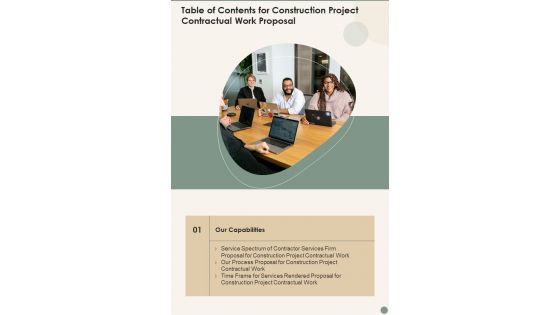 Table Of Contents For Construction Project Contractual Work Proposal One Pager Sample Example Document