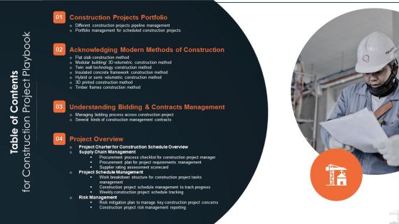 Table Of Contents For Construction Project Playbook Ppt Outline Pictures PDF