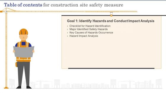 Table Of Contents For Construction Site Safety Measure Slide Background PDF