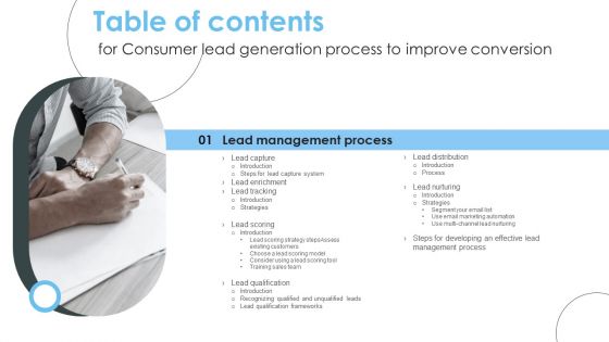 Table Of Contents For Consumer Lead Generation Process To Improve Conversion Microsoft PDF Table Of Contents For Consumer Lead Generation Process To Improve Conversion Microsoft PDF