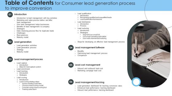 Table Of Contents For Consumer Lead Generation Process To Improve Conversion Pictures PDF