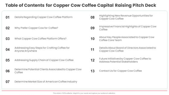 Table Of Contents For Copper Cow Coffee Capital Raising Pitch Deck Pictures PDF