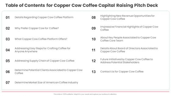 Table Of Contents For Copper Cow Coffee Capital Raising Pitch Deck Pictures PDF Table Of Contents For Copper Cow Coffee Capital Raising Pitch Deck Pictures PDF