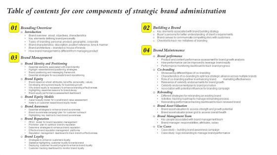 Table Of Contents For Core Components Of Strategic Brand Administration Download PDF