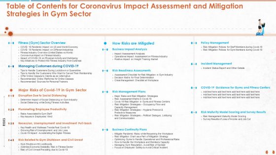 Table Of Contents For Coronavirus Impact Assessment And Mitigation Strategies In Gym Sector Mockup PDF Table Of Contents For Coronavirus Impact Assessment And Mitigation Strategies In Gym Sector Mockup PDF