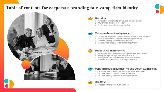 Table Of Contents For Corporate Branding To Revamp Firm Identity Background PDF