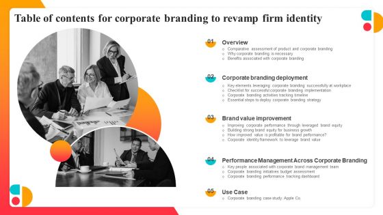 Table Of Contents For Corporate Branding To Revamp Firm Identity Background PDF Table Of Contents For Corporate Branding To Revamp Firm Identity Background PDF