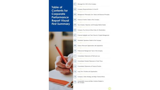Table Of Contents For Corporate Performance Report Visual First Summary One Pager Documents