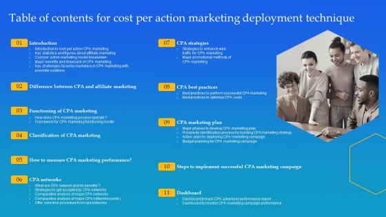 Table Of Contents For Cost Per Action Marketing Deployment Technique Ppt Portfolio Picture PDF