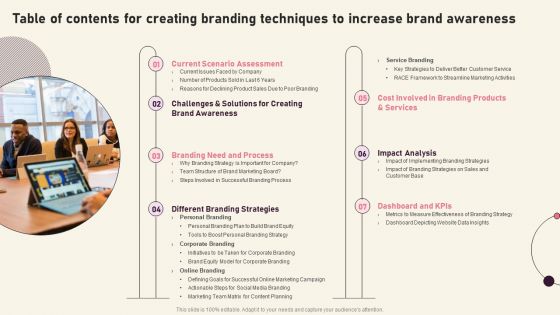 Table Of Contents For Creating Branding Techniques To Increase Brand Awareness Diagrams PDF