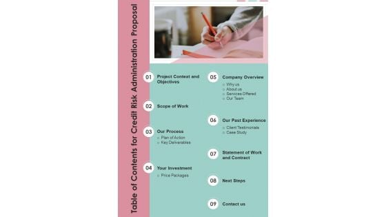 Table Of Contents For Credit Risk Administration Proposal One Pager Sample Example Document Table Of Contents For Credit Risk Administration Proposal One Pager Sample Example Document