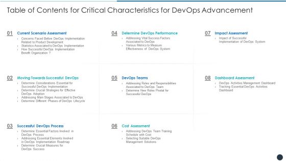 Table Of Contents For Critical Characteristics For Devops Advancement Slides PDF