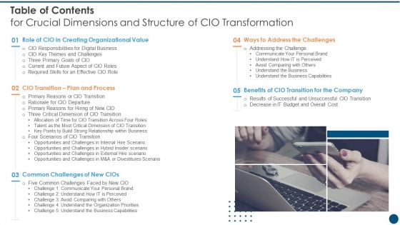 Table Of Contents For Crucial Dimensions And Structure Of CIO Transformation Brochure PDF