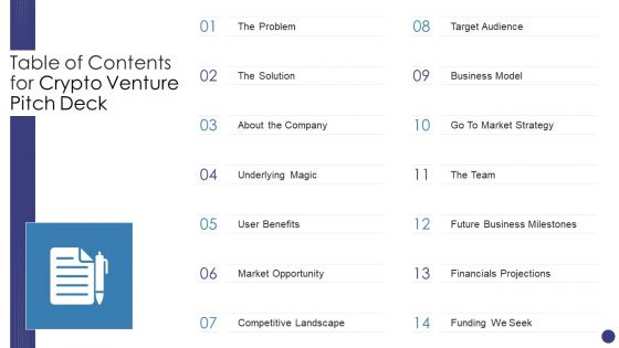 Table Of Contents For Crypto Venture Pitch Deck Ppt Portfolio Model PDF