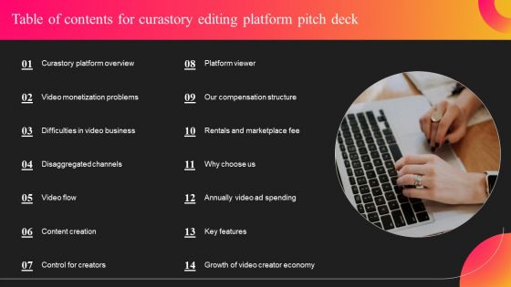 Table Of Contents For Curastory Editing Platform Pitch Deck Guidelines PDF Table Of Contents For Curastory Editing Platform Pitch Deck Guidelines PDF