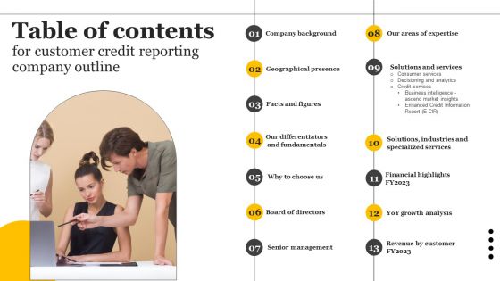 Table Of Contents For Customer Credit Reporting Company Outline Ideas PDF