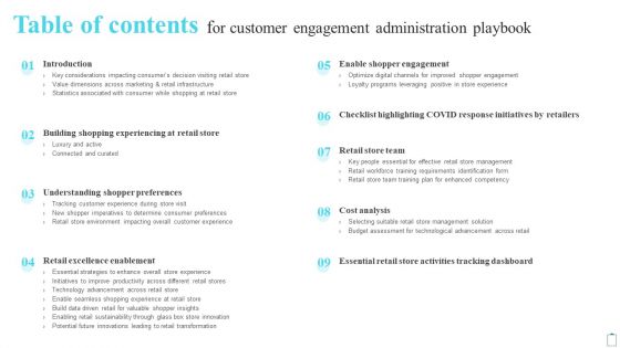 Table Of Contents For Customer Engagement Administration Playbook Download PDF