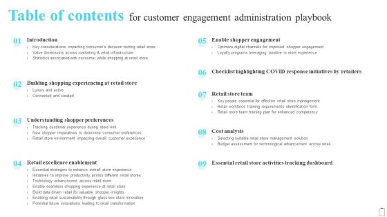 Table Of Contents For Customer Engagement Administration Playbook Download PDF Table Of Contents For Customer Engagement Administration Playbook Download PDF