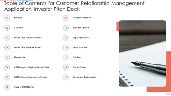 Table Of Contents For Customer Relationship Management Application Investor Pitch Deck Topics PDF Table Of Contents For Customer Relationship Management Application Investor Pitch Deck Topics PDF