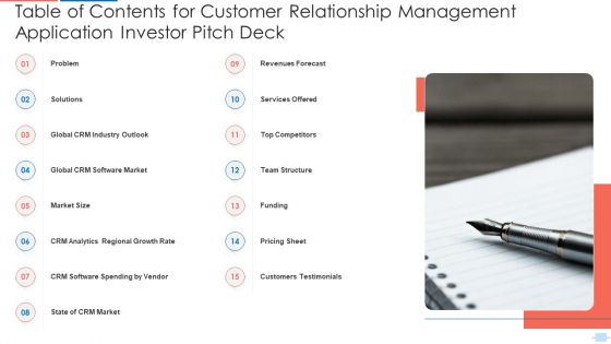 Table Of Contents For Customer Relationship Management Application Investor Pitch Deck Topics PDF