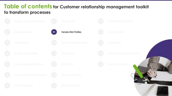 Table Of Contents For Customer Relationship Management Toolkit To Transform Processes Information PDF