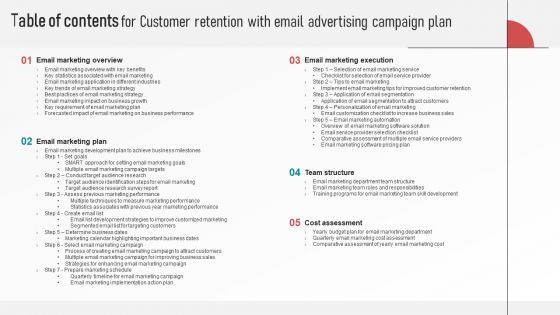 Table Of Contents For Customer Retention With Email Advertising Campaign Plan Infographics PDF