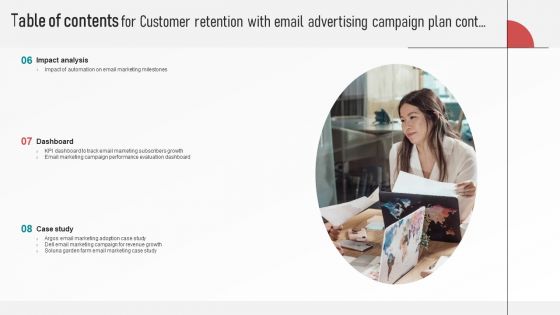 Table Of Contents For Customer Retention With Email Advertising Campaign Plan Infographics PDF