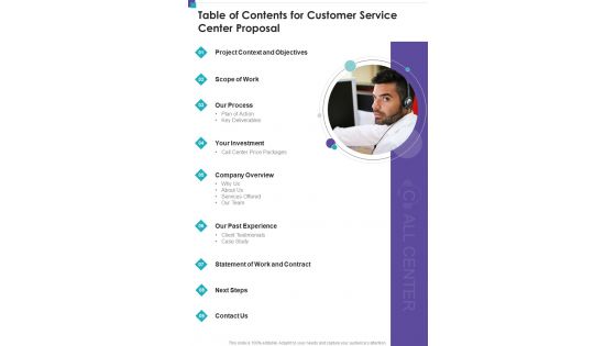 Table Of Contents For Customer Service Center Proposal One Pager Sample Example Document