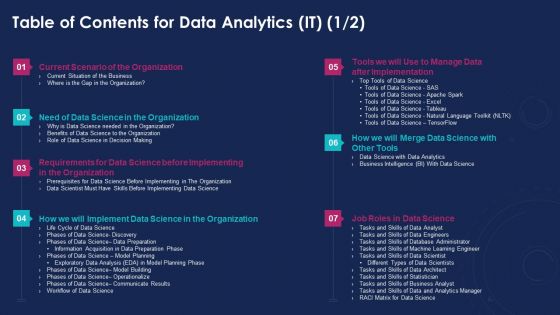 Table Of Contents For Data Analytics IT Excel Ppt Gallery File Formats PDF