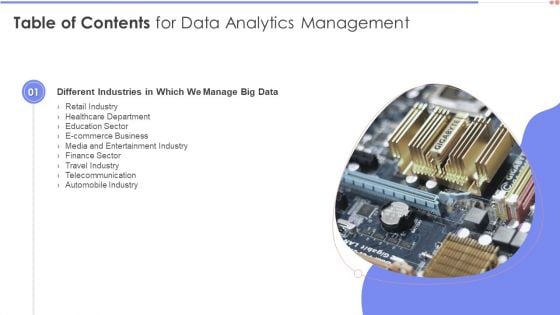 Table Of Contents For Data Analytics Management Slide Elements PDF Table Of Contents For Data Analytics Management Slide Elements PDF